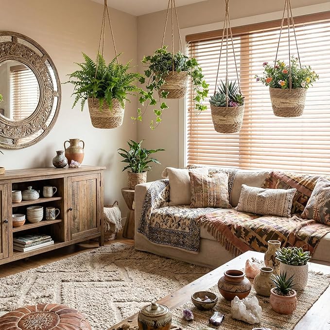 6 Pcs Seagrass Hanging Planter Basket Hand Woven Plant Basket with Plastic Liners Hanging Plant Holder Storage Containers with Cotton Rope for Indoor Outdoor Garden Home Decor(Beige)