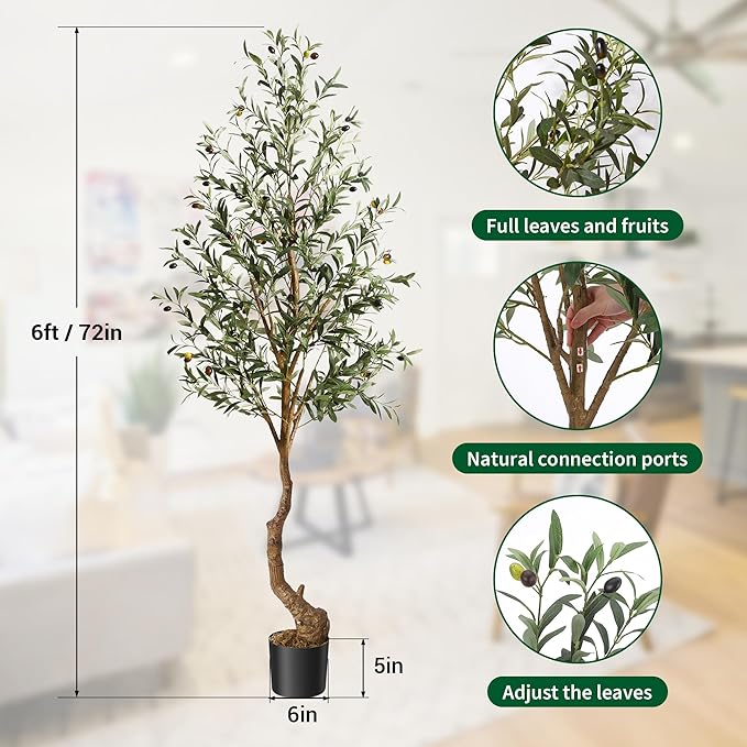 Artificial Olive Trees, 6 Ft Indoor Outdoor Fake Potted Silk Plant Faux Olive Tree with Trunk and Fruits, Artificial Tree Large Olive Plants for Living Room Home House Office Decor