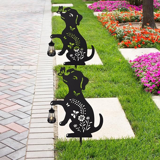 2Pack Solar Outdoor Garden Lights Stakes Solar Metal Flower Dog Lawn Deco Statue Patio, Outdoor Decor, Garden Decorations, Lawn Ornaments