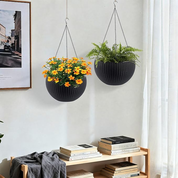 Vigo huseeo 13.5 inch 2Pack Large Hanging Planters for Outdoor/Indoor Plants, Self Watering Hanging Pot with Water Level Indicato, Drainage Holes and Chain for Garden Porch, Black