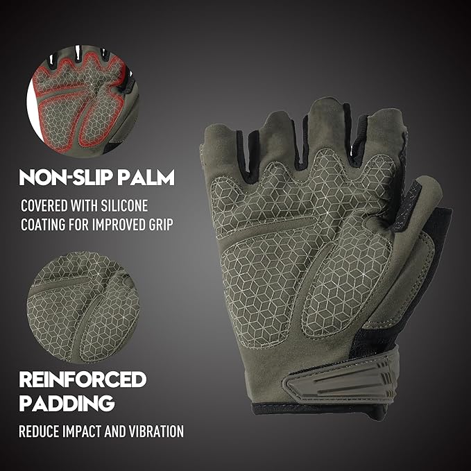 HANDLANDY Tactical Fingerless Impact Gloves for Men, Padded Grip Half Finger Work Gloves, Utility Trucker Driver Gloves (Army Green, Small (Pack of 1))