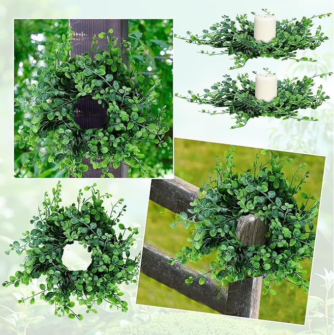12 Pcs Mini Green Boxwood Candle Rings Wreaths Spring Summer Kitchen Cabinet Swags Wreath 3 Inch Wedding Rings Wreaths Pillar Candle Holder for Wedding Home Door Tabletop Decor (12, Green Boxwood)