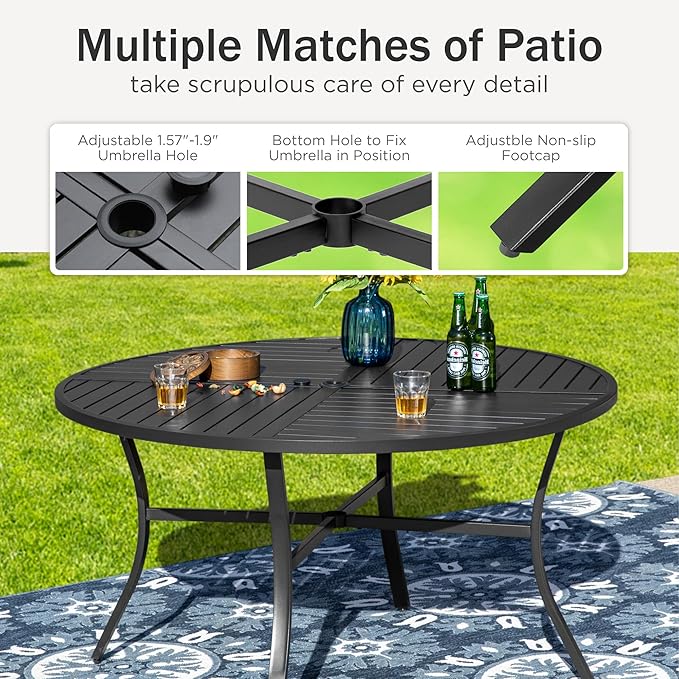 PHI VILLA 5 Piece Outdoor Patio Dining Set with 4 Swivel Dining Chairs & 1 Large Round Dining Table, Gray Textilene Mesh Fabric Chair and Round Metal Table for All Weather Deck Lawn Garden
