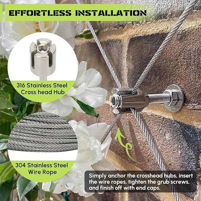 Wire Trellis for Climbing Plants Outdoor, 30-Set Wall Wire Trellis Kit with 1/8" x 150ft Stainless Steel Cable and Cutter, T316 Espalier System for Fence Garden DIY on Brick Concrete Wood Walls