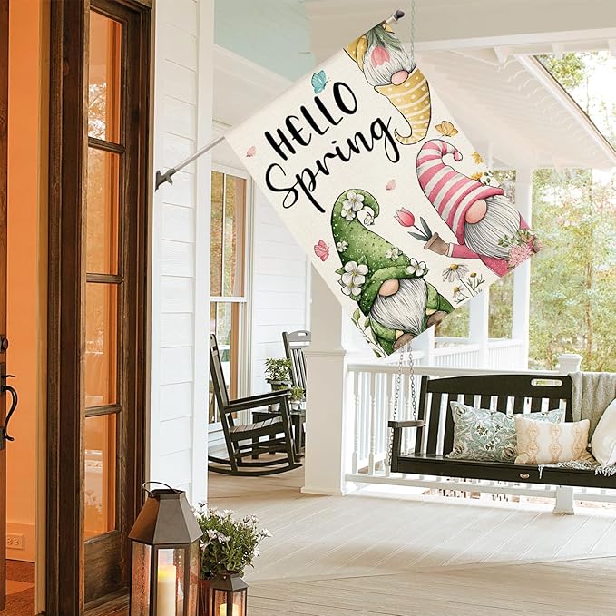 AVOIN colorlife Hello Spring House Flag 28x40 Inch Double Sided Outside, Seasonal Floral Gnomes Rustic Yard Outdoor Flag