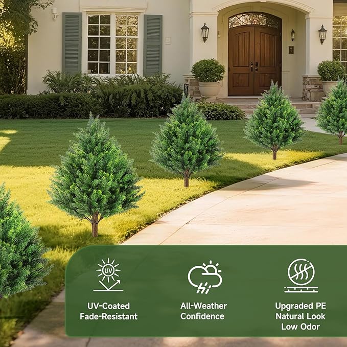 Gladeup 2FT Artificial Cedar Topiary Trees Set of 2 Detachable Planter & Spike,UV Resistant Faux Plants Outdoor and Indoor,Realistic Fake Bushes Pine Tree for Front Porch Decor Patio Offices Green