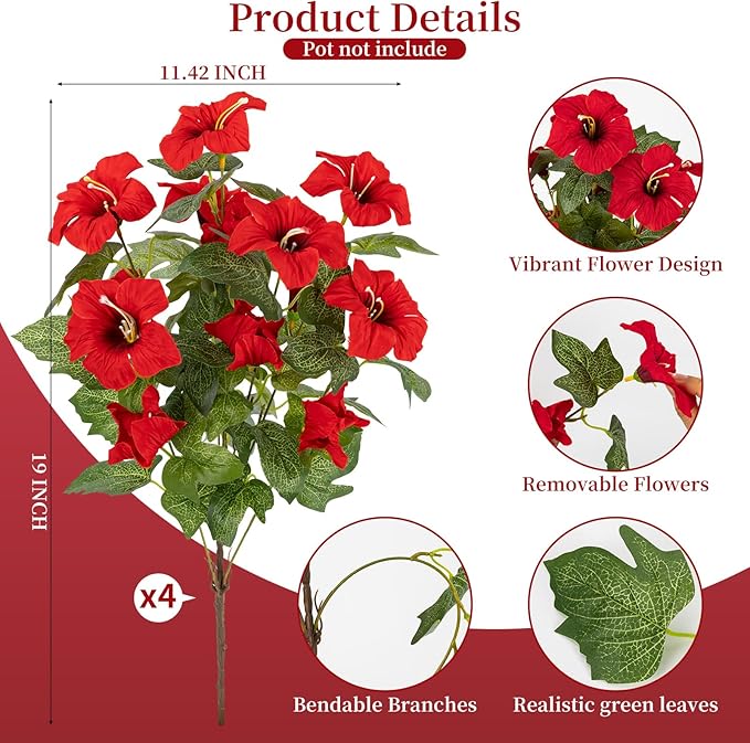 Brlita 19 Inch Artificial Flowers for Outdoor Indoor Garden Home Decoration,Faux Flower for Home Office Garden Patio Balcony 4 Bundles (Red)