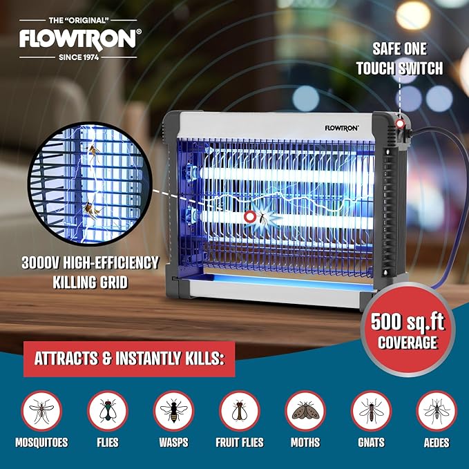 Flowtron Indoor Bug Zapper: 3000V Electric Insect Killer & Mosquito Trap - 500 Sq Ft Coverage - 16W Dual UV Light Fly Zapper for Kitchen, Bedroom, RV & Restaurant - Safe Gnat & Moth Killer