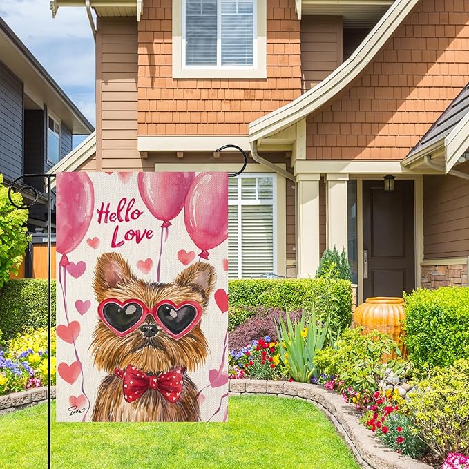 Valentine's Day Brussels-Griffon Hello Love Garden Flag, House Yard Plaid Love Heart Outside Decoration, Spring Holiday Wedding Anniversary Outdoor Small Decor 12x18(12653)