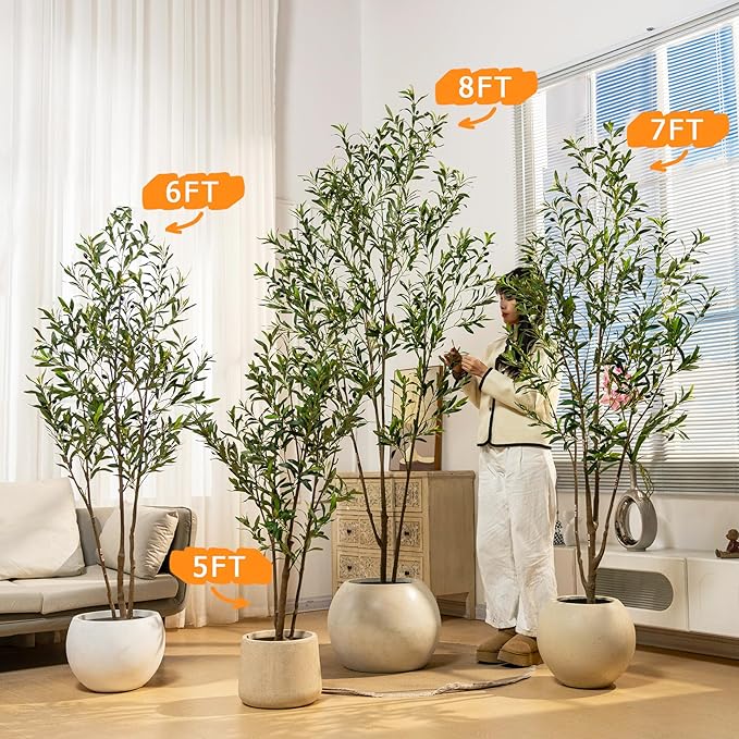 Erimda 7FT Artificial Olive Tree Tall Faux Silk Plant Tall Faux Olive Tree with Natural Wood Trunk & Lifelike Fruits Fake Potted Tree or Home Office Decor