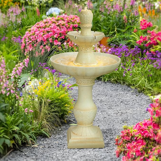 45.28H 3-Tier Outdoor Water Fountain with LED Lights Large Italian Resin Garden Fountain for Patio Yard Weather-Resistant Cascading Waterfall Feature with Quiet Pump