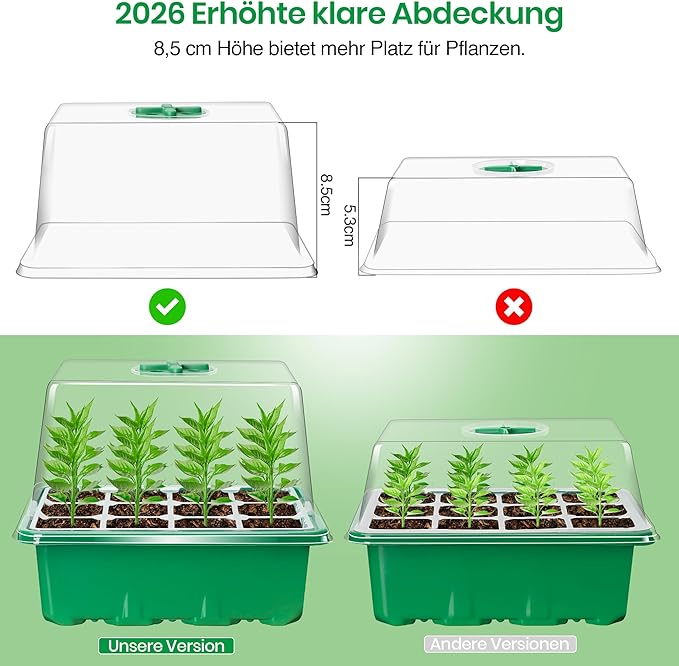 Bonviee 5 Packs Seed Starter Tray with Plant Light, Elevated Seedling Starter Trays Kits with Adjustable Humidity Domes and Clear Cell Tray, 12 Full Spectrum led lamp Beads for Plants Indoor-Green