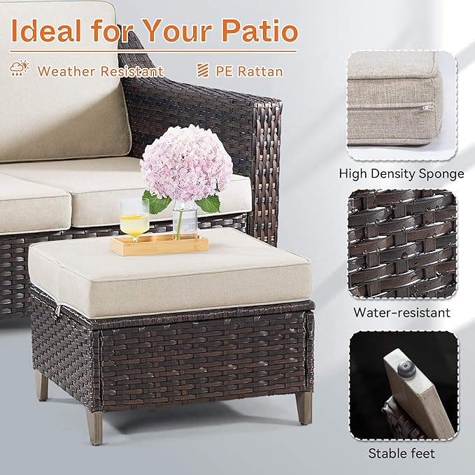 Joyside Patio Ottoman Set of 2, All Weather Outdoor Rattan Ottomans Patio Footstools with Removable Cushions for Garden Backyard Porch (Blue)