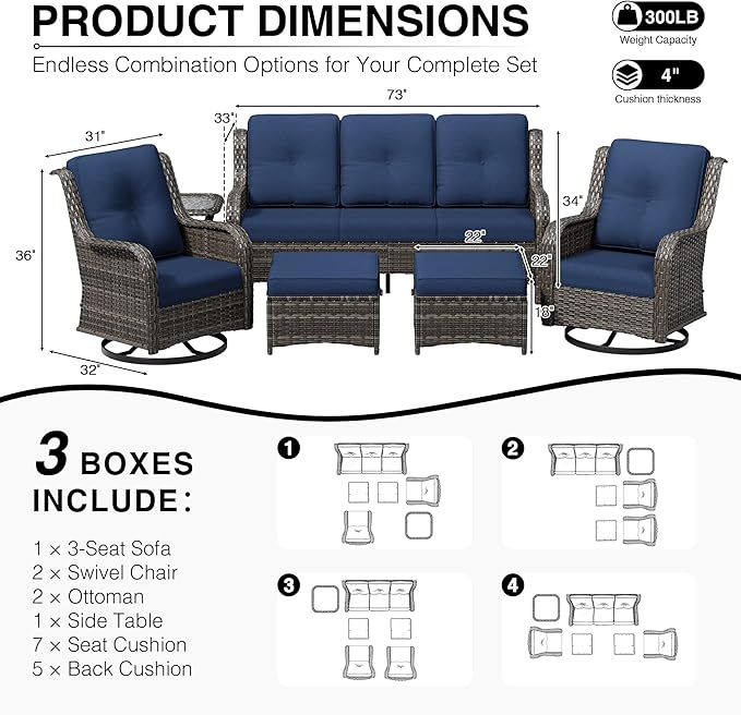 Joyside 6 Piece Wicker Patio Furniture Set, Outdoor Swivel Rocker Patio Chairs with High Back, Deep Seating, Wide Armrest, Thickened Cushions, Outdoor Furniture for Deck, Porch Use