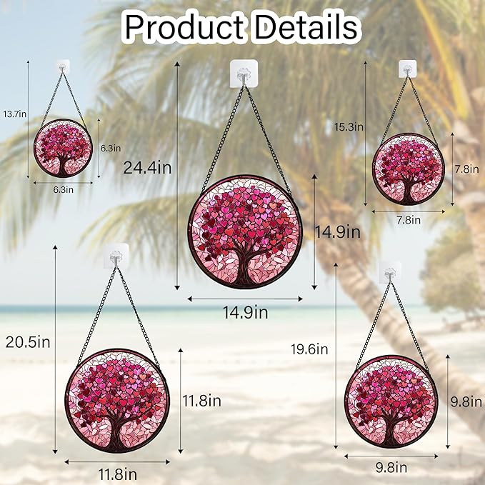 DASTOLL Stained Glass Window Hanging, Pink Love Tree of Life Sun Catchers Colorful Glass Panel Suncatcher Decor for Birthday for Women, Men, Wife, Lovers, and Mom 14.9x14.9 in
