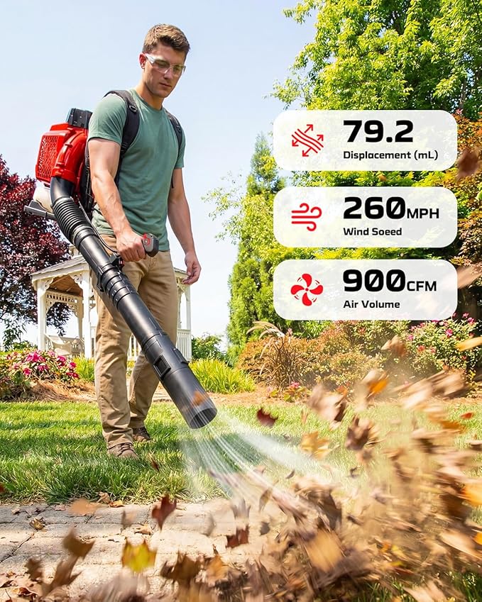 80CC Gas Backpack Blower, 900 CFM 260 MPH Gas Powered Leaf Blower with 2-Stroke Engine, Heavy-Duty Leaf Blower Backpack for Commercial Lawn Care (Red – 80CC)