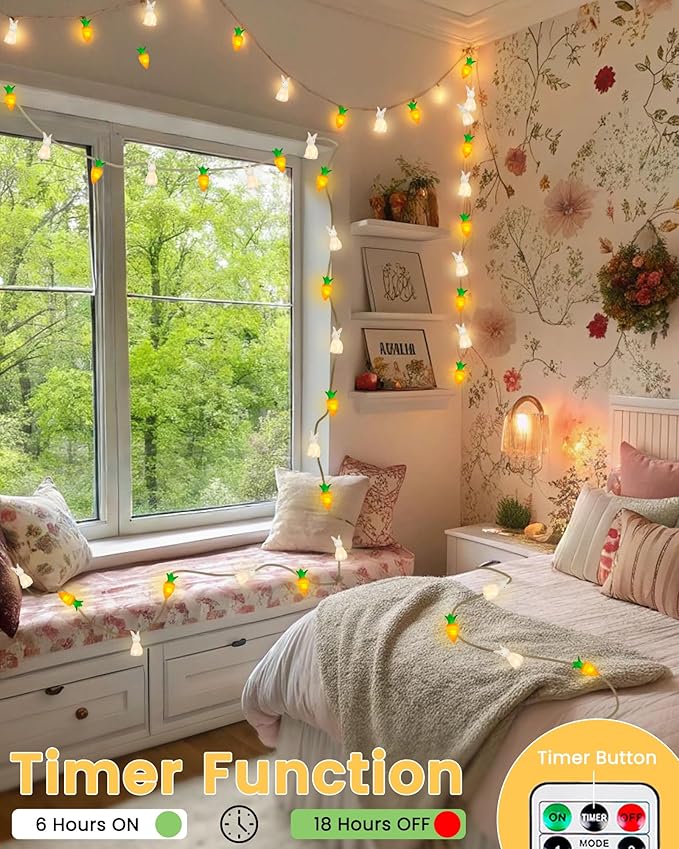 YIQU Easter Decoration String Lights, 10FT 12LED Bunny Carrot Mantel Garland Battery Operated with Remote Timer 8 Modes, Hemp Rope Banner for Fireplace Table Wall Spring Party Indoor Outdoor Decor