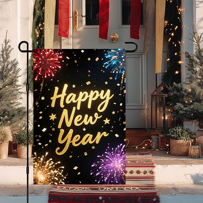 Happy New Year Garden Flag 12x18 Inch Double Sided Celebration Flag Banner Outdoor Yard Decoration for Home Lawn Porch House Seasonal Holiday Welcome Garden Flags