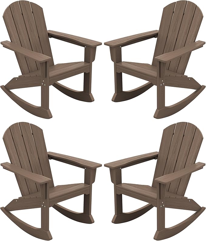 SERWALL Outdoor Adirondack Rocking Chairs Set of 4, All-Weather HDPE Adirondack Rocker Chair, Front Porch Rocker Chairs for Patio Lawn Porch Deck, Coffee