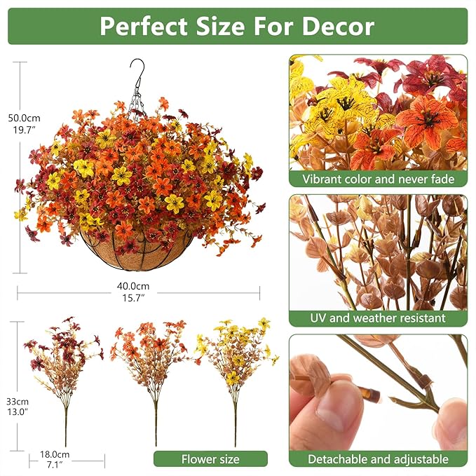 Artificial Flowers Fall Hanging Basket Plants for Outdoor Decorations, Fake Mums Faux Silk Flower UV Resistant Autumn Decor for Outside Garden Patio Front Porch Balcony Window (Orange Yellow Brown)