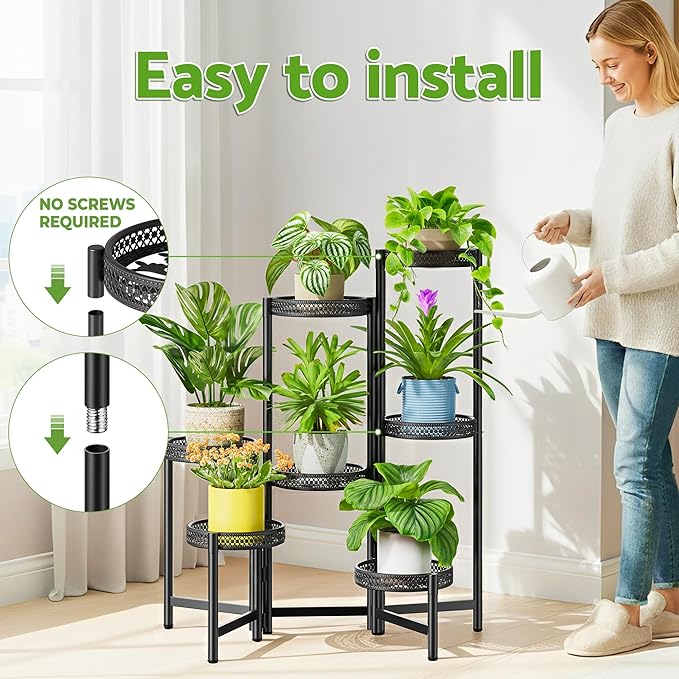 NQW 7 Tier Large Metal Plant Stand Indoor Outdoor with 7.9 Inch Wide Tray, Tiered Corner Plant Stand, Flower Display Holder Shelf, Folding Tall Rack for Patio Porch Balcony Living Room Garden - BlackWave