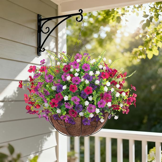 Artificial Fake Flowers Basket for Spring Outdoor Decor, Faux Mums Floral Hanging Plant for Summer Outside Decor, Silk Daisy with Eucalyptus Leaves for Home Patio Garden