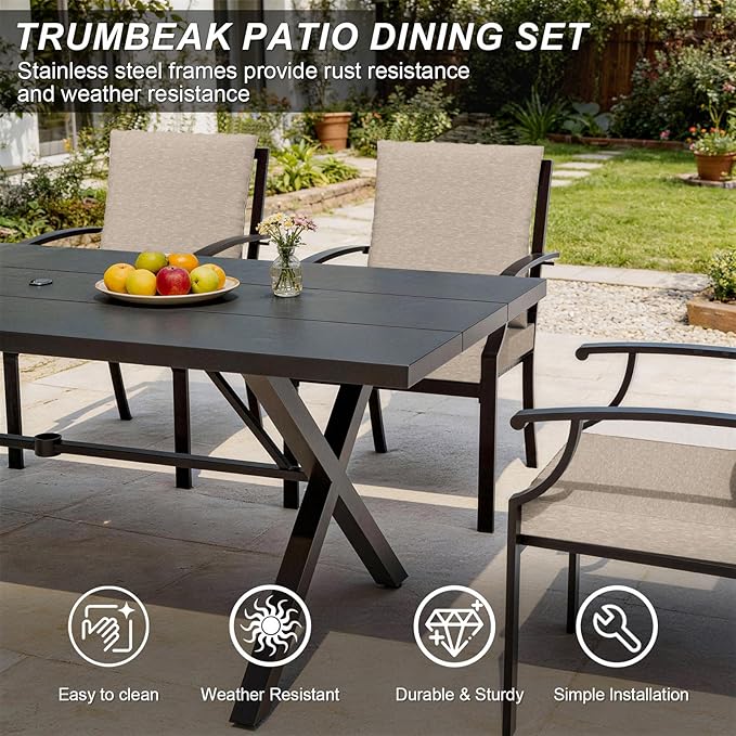 10-Pieces Patio Conversation Set,Metal Outdoor Furniture Set Includes 13.6FT Navy Umbrella,Hole Cut-Out 78.7" x 35.4" Table and 8 Metal Backrest Chairs for Backyard,Garden,Sand