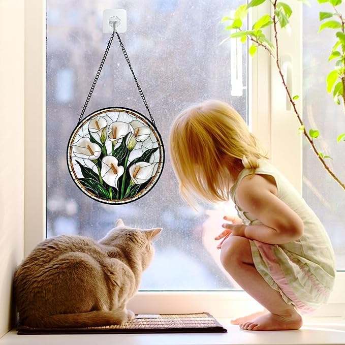 DASTOLL Stained Glass Window Hanging, White Calla Lily Flowers Sun Catchers Glass Panel Plant Suncatcher Decor for Birthday for Women, Men, Wife, Aunt, and Mom 6.3 in