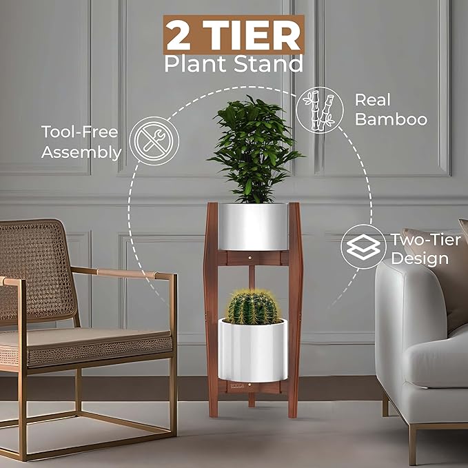 ROCCA 2-Tier Adjustable Width 8" to 12" Stackable Bamboo Tall Plant Stand Indoor, Corner Wood Plant Stand, Wooden Plants Holder, Plants Stands Indoor, Modern Pedestal Tables for Multiple Pots