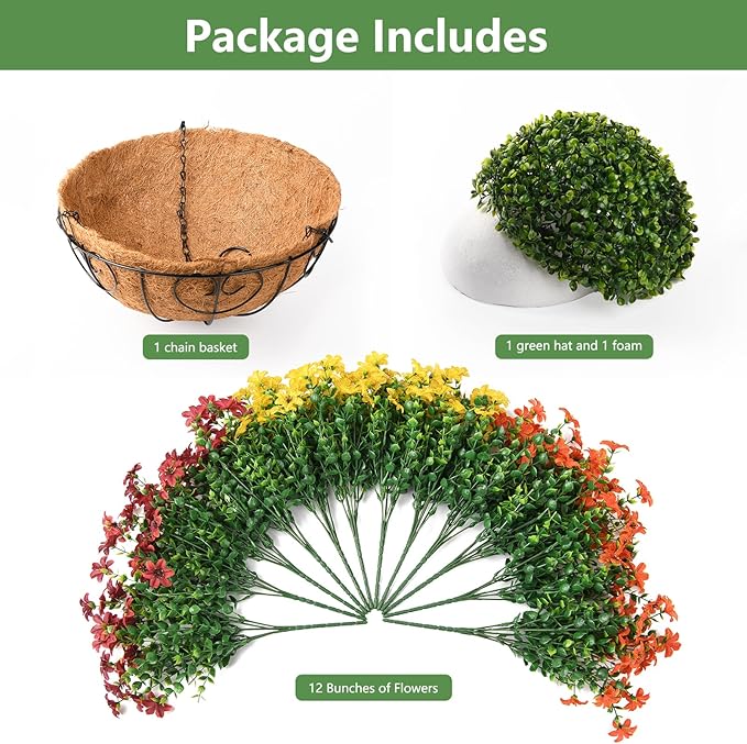 INQCMY Artificial Flowers Hanging Baskets for Outdoors Spring Decor, 12 Bundles Fake Plants Faux Silk Daisy with Eucalyptus Stem UV Resistant for Outside Patio Balcony Garden(Orange Brown Yellow)