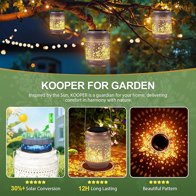 KOOPER Solar Lanterns Outdoor Waterproof Birthday Gifts for Women Mom Grandma, 2 Pack Upgraded Hummingbird Hanging Solar Lantern Lights Outdoor, Metal Outdoor Decoration for Yard (Butterfly and Rose)