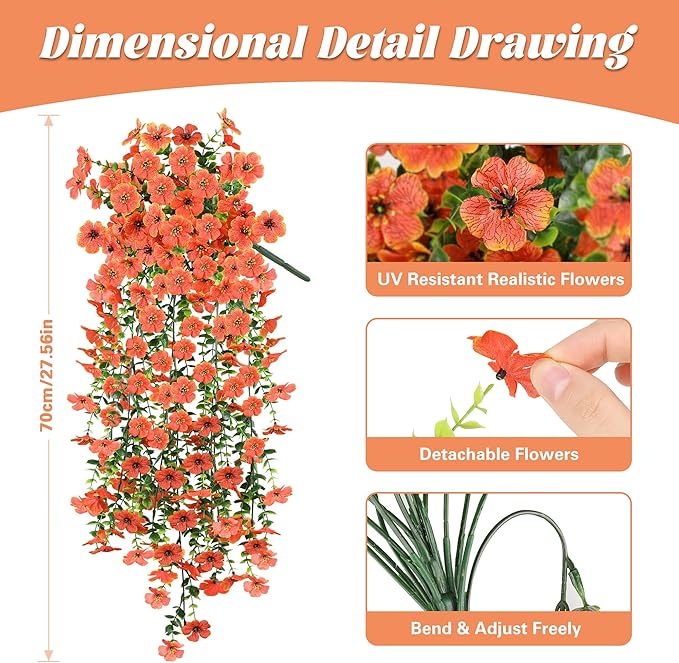 AmberFun Artificial Hanging Flowers for Outdoors,2 Bundles Silk Fake Fall Flowers for Outside, Realistic Faux Plants for Hanging Baskets, Planters-Porch, Patio, Yard Decor(Orange)