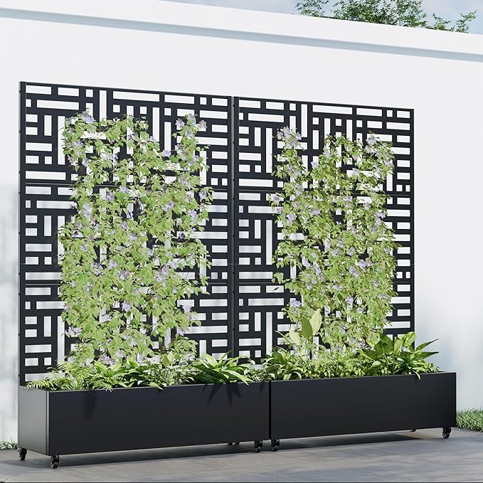 Casaphoria Metal Raised Garden Bed with Trellis and Wheels, 72"x47"x16" Planter Box for Climbing Plants, Vegetables & Vines, Features Drainage Holes and Privacy Screen (Black-Helen)