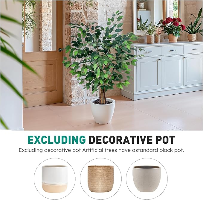 AQUGQ Artificial Ficus Tree 4ft, Artificial Plants Indoor with Realistic Leaves & Trunk, Fake Plants for Home Office Living Room Decor.