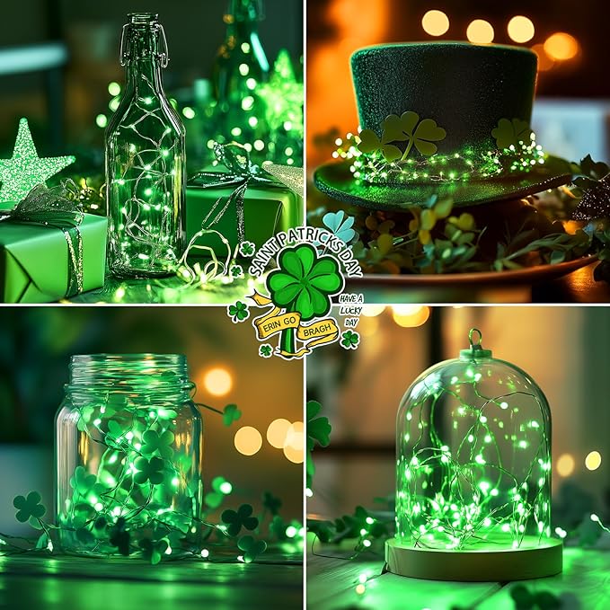 Minetom 6 Pack Fairy Lights Battery Operated String Lights - 7ft 20 LED Waterproof Silver Wire Firefly Lights for St Patrick's Day Decor DIY Crafts Wedding Table Centerpieces, Green
