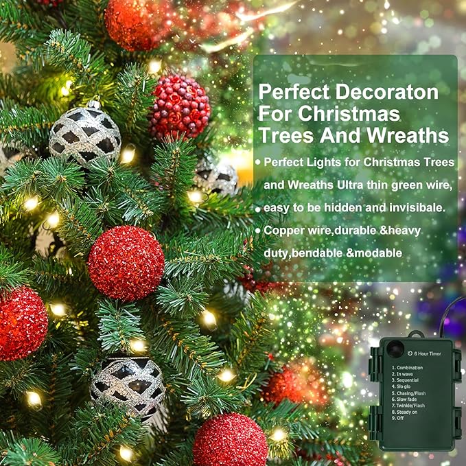 Battery Operated Christmas Cluster Lights, 20FT 200 Micro LED Fairy Lights with 8 Modes and Auto Timer, Green Copper Wire for Indoor Outdoor Christmas Tree Wreath Garland Garden Party,Warm White