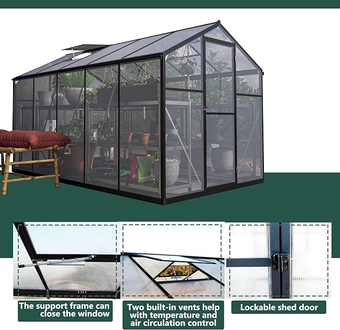 Favfurish 6x10 FT Greenhouses for Outdoors,Heavy Duty Polycarbonate Greenhouse,Lockable Walk-in Green House Sunroom w/ Roof Vent,Aluminum Hot House for Garden Plants Backyard Patio,Black