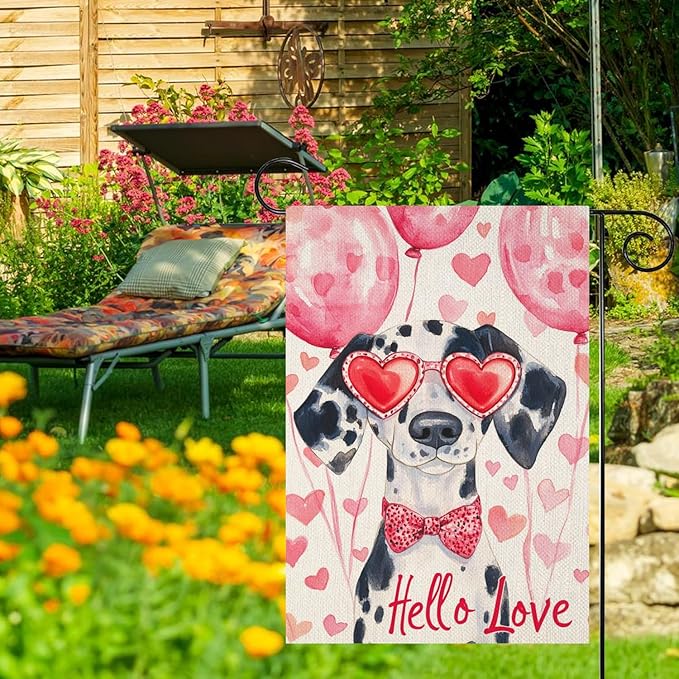 Valentine's Day Dalmatian Hello Love Garden Flag, House Yard Plaid Love Heart Outside Decoration, Spring Holiday Wedding Anniversary Outdoor Small Decor 12x18(12646)