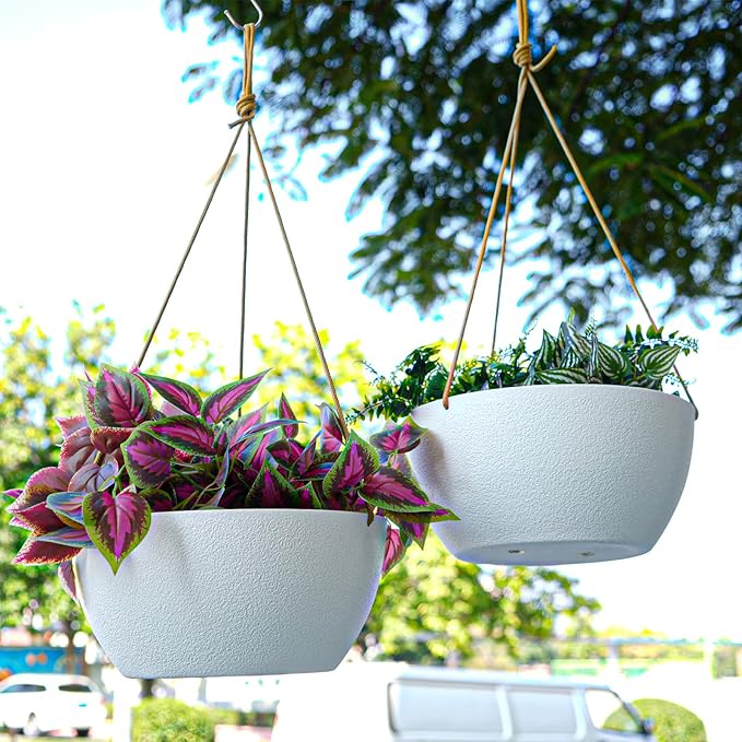 SwinDuck 12 Inch 2 Pack Large Hanging Planters for Indoor Outdoor Plants, Plastic Hanging Basket Pots for House Plants Flowers, White