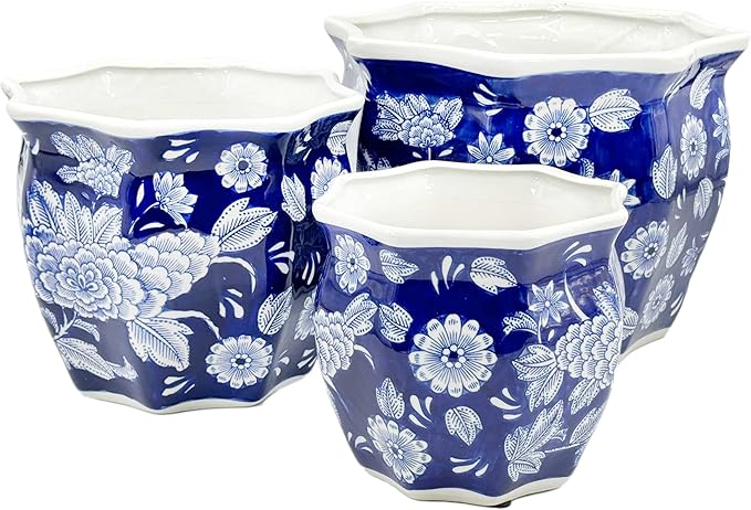 Galt International Dark Blue & White Round Fluted Floral Porcelain Ceramic Plant Flower Planter Pot Set of 3 (7.5", 10", 13") Garden Pots Chinese Asian Design