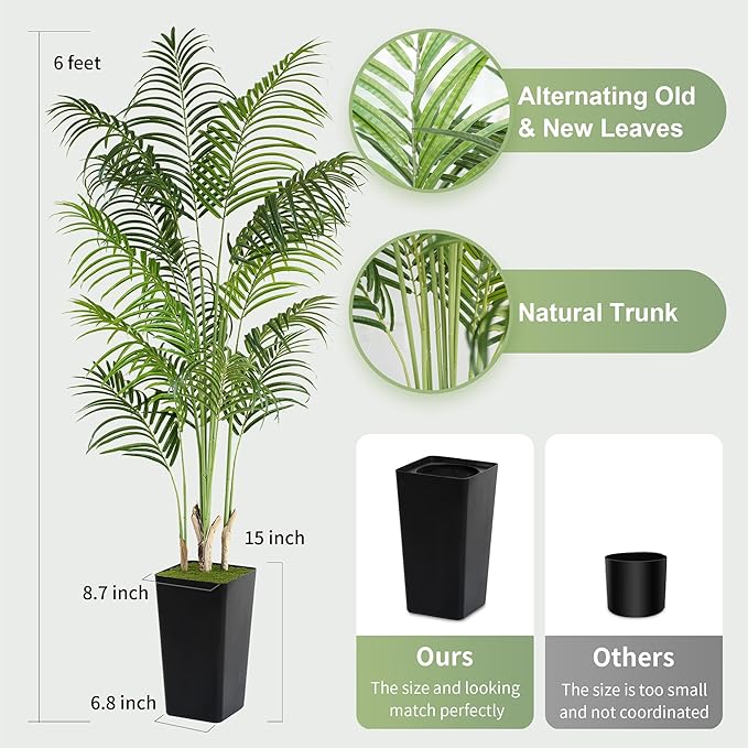 Artificial Palm Tree 6Ft Faux Silk Tropical Areca Plant Indoor Outdoor Fake Tree in Pot for Home Office Living Room Patio Decor
