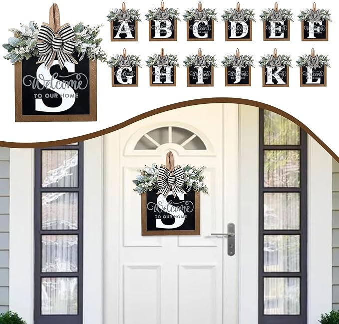 Ultra Large 14'' Last Name All Year Round Front Door Wreath with 26 Initial Letter Welcome Sign All Seasons Eucalyptus Garland and Bow Wreaths for Front Door Porch Farmhouse Decoration (S)