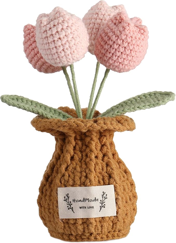 YOOJEE Tulip Crochet Flower Potted Plant Handmade Desk Decor Gift