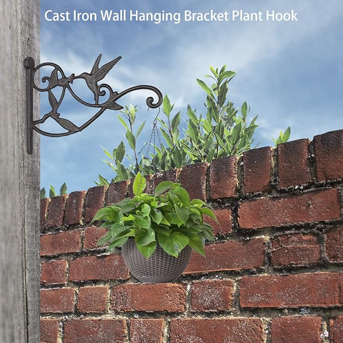 Livfodrm 2PCS Plant Hangers Outdoor Plant Hooks for Wall/Fence, Hummingbird Hanging Plant Bracket Heavy Duty Cast Iron Plant Hanger for Lantern/Bird Feeder, Drak Brown