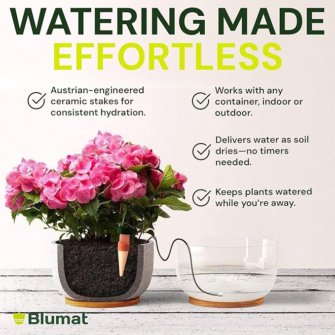 Blumat Classic Self-Watering Stakes - Automatic Drip Irrigation System for Indoor Plant Watering & Outdoor - Water Drip Solution for Potted Plants - Slow Release Stakes, 9 Pack, w Adapter