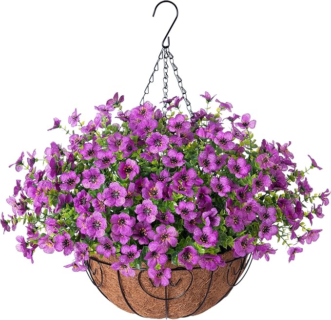 Artificial Flowers Hanging Basket for Outdoor Indoor Spring Summer Decoration,Fake Silk Colorful Daisy Eucalyptus in 12" Metal Coconut Lining Flowerpot Arrangement for Patio Yard Decor(Purple)