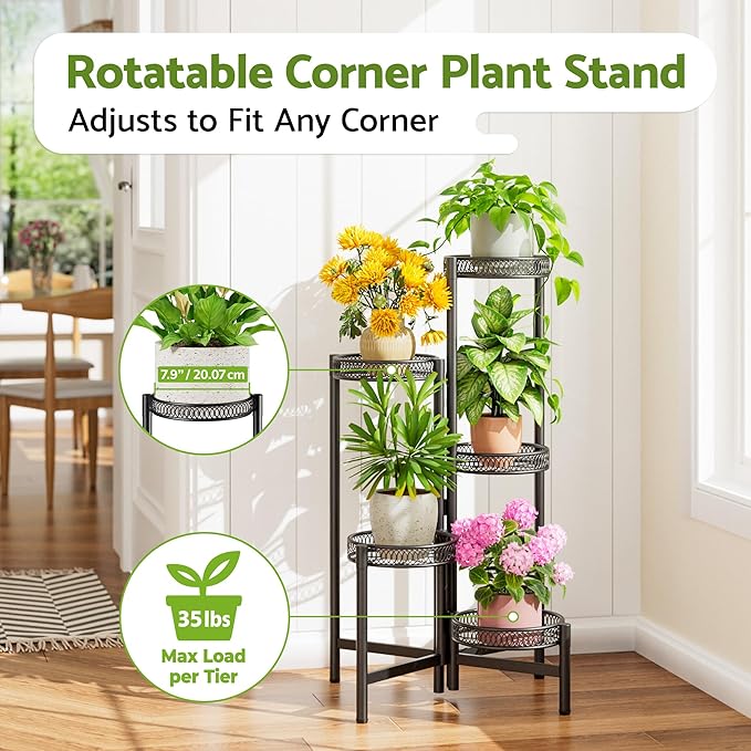 NQW Plant Stand Indoor Outdoor, 5 Tier Corner Metal Flower Display Holder Stand, Folding Tall Plant Rack for Patio Balcony Porch Garden Living Room House, Heavy Duty Wrought Iron Plant Shelf - BlackFlower
