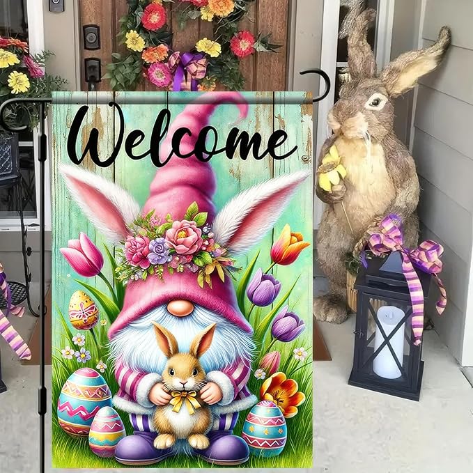 Easter Garden Flag 12x18 Inch Double Side Gnome with Bunny and Tulips Easter Decoration Spring Yard Flag Easter Eggs Colorful Welcome Yard Outdoor Home Display