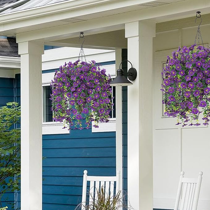 HyeFlora Artificial Hanging Flowers Basket for Outdoor, Fake Flowers Faux Plants Look Real for Yard Gardens Porch Patio Home (Darkpurple)