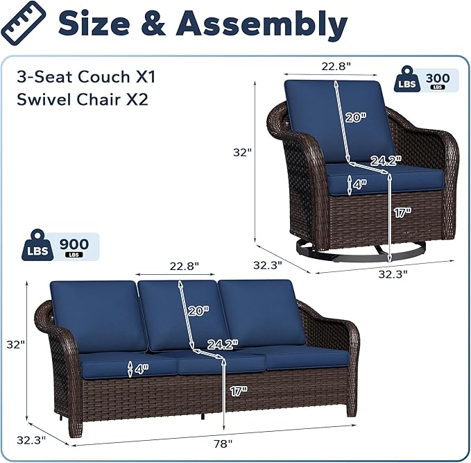 3 Pieces Patio Conversation Set, 78" Wicker 2-Seat Couch with Washable Cushions, Wicker 360 Degree Swivel Glider Rocker Chairs, Sofa for Garden, Lawn (Navy Blue)